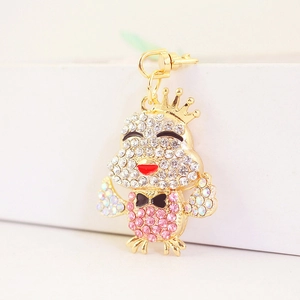 Sparkling crown chicken keychain with white and pink rhinestones and golden hardware