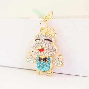 Cute crown chick keychain with gold plating and sparkling blue rhinestones