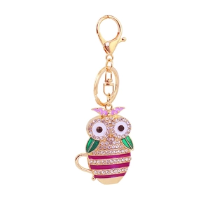 Creative owl in striped coffee cup keychain with rhinestones and gold lobster clasp