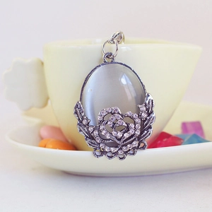 Vintage opal peony car keychain with grey stone and floral rhinestone details