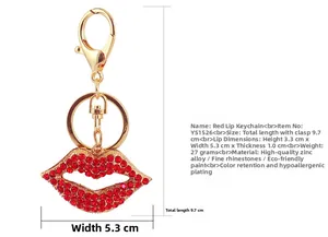 Detailed view of red rhinestone lips keychain with gold plating and dimensions shown