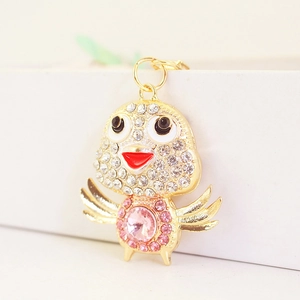 Portachiavi pulcino creativo in cristallo con strass rosa e finitura dorata lucida