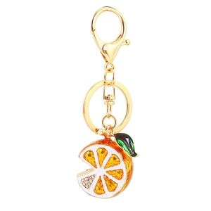 Sparkling rhinestone orange slice keychain with golden metal finish and enamel fruit pendant