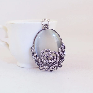 Vintage opal peony car keychain with silver rose pendant and sparkling rhinestones