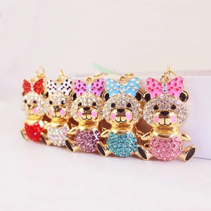 Cute Cartoon Rhinestone Bow Tie Bear Keychain Zinc Alloy Metal Animal Bag Pendant Charm Jewelry Keyring For Women Gift