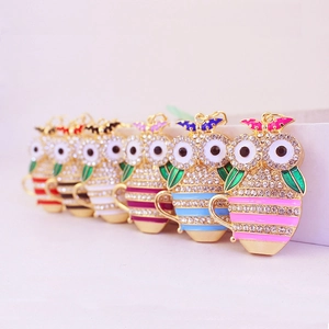 Cute Owl Tea Cup Rhinestone Keychain Colorful Enamel Zinc Alloy Animal Key Ring Ornament Hanging Jewelry Gift For Women Girls
