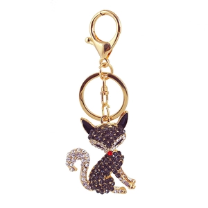 Portachiavi gatto dorato con strass neri brillanti per borse e accessori moda
