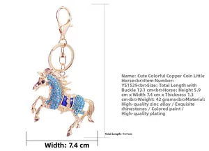 Detailed size specifications of the gold horse keychain with blue rhinestones and enamel