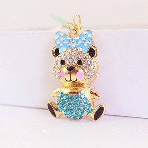 Sparkling blue and white crystal teddy bear keychain with golden metal finish