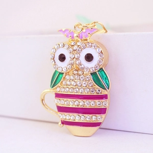 Sparkling owl keychain with colorful enamel and white rhinestones on gold metal base