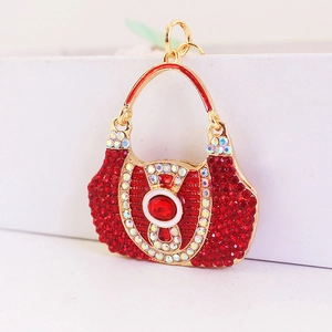 Sparkling red rhinestone handbag keychain with golden metal frame for bags and keys