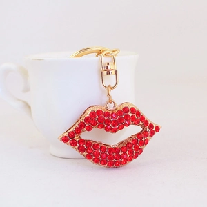Creative red rhinestone lips keychain with golden alloy ring for handbags and car keys