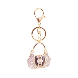 Sparkling rhinestone handbag keychain with pink crystals and golden lobster clasp