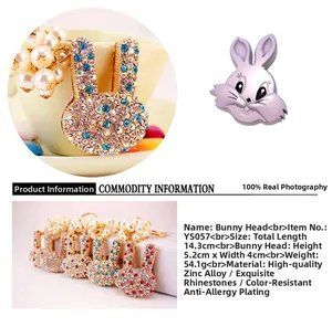 Détail des dimensions du porte-clés lapin en strass et spécifications du matériau zinc