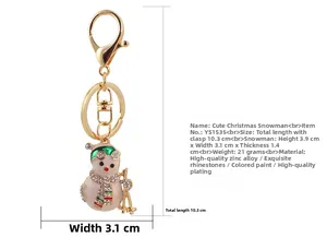 Detailed size specifications for the rhinestone snowman keychain with gold plating