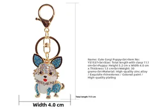 Detailansicht der 11,1 cm Gesamtlänge des Strass-Corgi-Hunde-Schlüsselanhängers