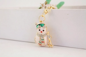 Detail view of snowman keychain with green hat and sparkling rhinestone scarf detail