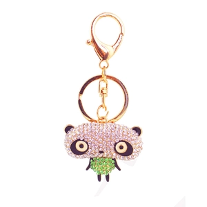 Sparkling panda crystal keychain with pink and green rhinestones on gold metal ring