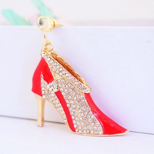 Red rhinestone high heel shoe keychain with gold plating and sparkling white crystals