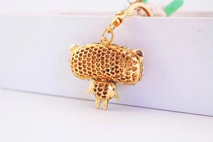 Detailed view of heart-shaped hollow patterns on a rhinestone studded panda keychain charm
