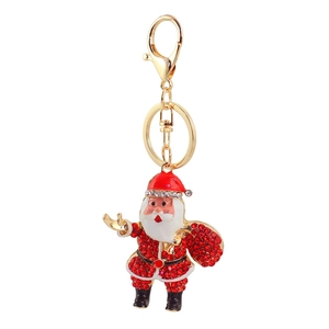 Porte-clés Père Noël étincelant avec strass rouges et alliage doré pour sacs femme