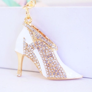 Golden high heel keychain with white enamel and sparkling rhinestones for women handbags