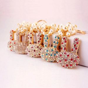 Porte-clés Tête de Lapin en Alliage de Zinc avec Strass et Imitation Künstliche Perle Pendentif de Sac Cadeau pour Femme