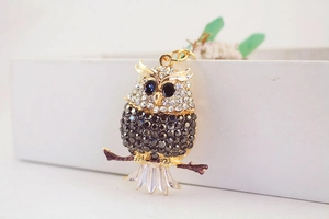 Detailed view of owl keychain featuring sparkling rhinestones on golden alloy branch