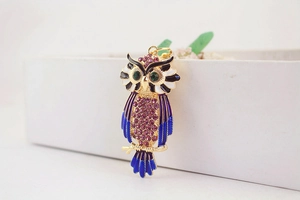 Detailopname van kristallen uil sleutelhanger met paarse strass en blauw emaille inleg