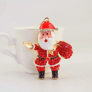 Porte-clés Père Noël scintillant avec strass rouges et émail sur un crochet doré élégant