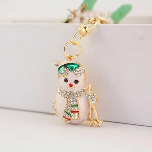 Cute Skiing Snowman Rhinestone Keychain Gold Zinc Alloy Enamel Winter Christmas Bag Pendant Decoration Holiday Gift For Women