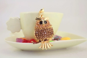 Close-up of golden owl keychain with sparkling brown rhinestones and black gem eyes