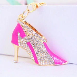Sparkling rhinestone high heel shoe keychain with vibrant pink enamel and gold-plated chain