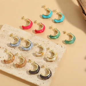 Pendientes de Cobre y Resina Vintage Franceses en Forma de C para Mujer Pendientes de Aro Geométricos Minimalistas Joyas de Moda