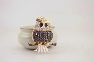 Close-up of owl keychain with grey and white rhinestones on a gold alloy base