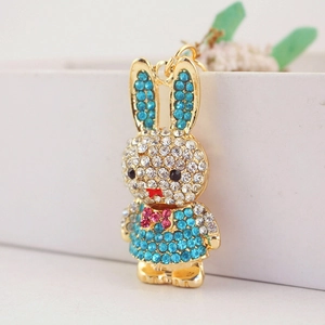 Sparkling crystal rabbit keychain with blue rhinestones and pink bow on gold metal