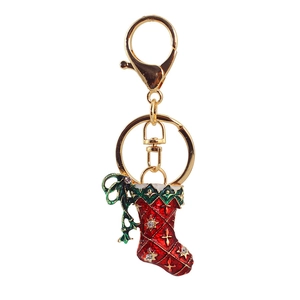 Christmas red rhinestone boot keychain with gold star patterns and lobster clasp