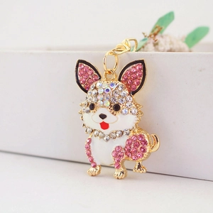 Süßer goldener Corgi Schlüsselanhänger mit weißer Emaille und rosa Strasssteinen
