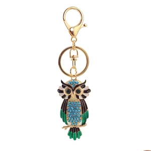 Cute golden owl keychain with blue rhinestones and green enamel for women handbags