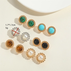Vintage round ABS pearl button earrings with retro patterned metal frames for women
