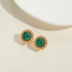 Vintage gold twisted rope earrings with round malachite style pearls for a retro look