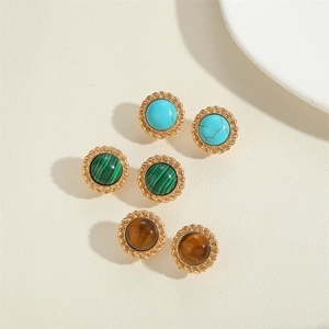 Vintage braided gold border stud earrings set with turquoise, malachite, and tiger eye beads