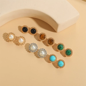 Set of six pairs of vintage bohemian pearl and turquoise stud earrings in retro style