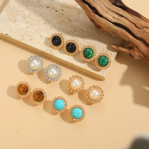 Vintage Round Copper Stud Earrings With ABS Artificial Pearl Turquoise Inlaid Boho Style Jewelry For Women Daily Party Wear
