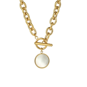 Collier chaîne punk doré avec fermoir à bascule et pendentif rond en nacre blanche