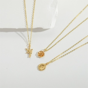 Pendenti vintage girasole e foglia di bambù placcati oro con collane a catena sottile