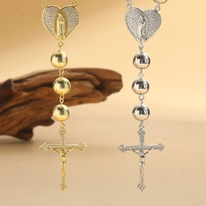 Collier Pendentif Croix Coeur en Cuivre Zirconia Vintage pour Femmes Hommes Religieux Médaillon Vierge Marie Bijoux Hip Hop