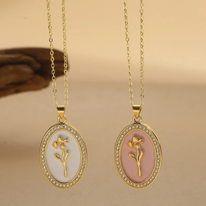 Vintage Enamel Rose Flower Pendant Necklace For Women Elegant Zirconia Gold Plated Copper Clavicle Chain Jewelry Gift