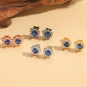 Vintage Round Blue Zirconia Sunflower Stud Earrings For Women Copper Geometric Electroplated Jewelry For Party Daily Wear
