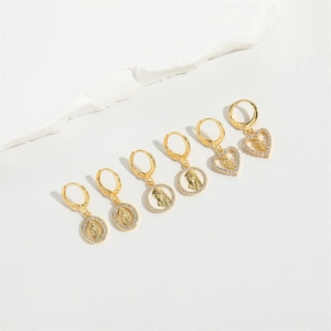 Vintage gold religious earring set with Virgin Mary relief and sparkling zircons